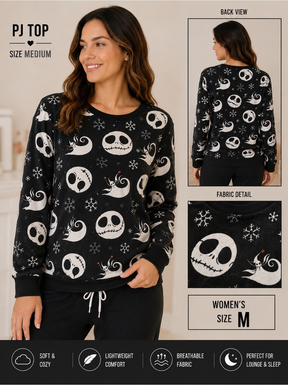 Nightmare before Christmas Black Holiday-Themed Long-Sleeve PJ Top - MEDIUM
